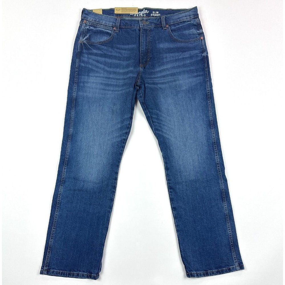 Wrangler Retro Slim Straight Men 40x32 Dark Blue Denim Jeans Western Embroidered